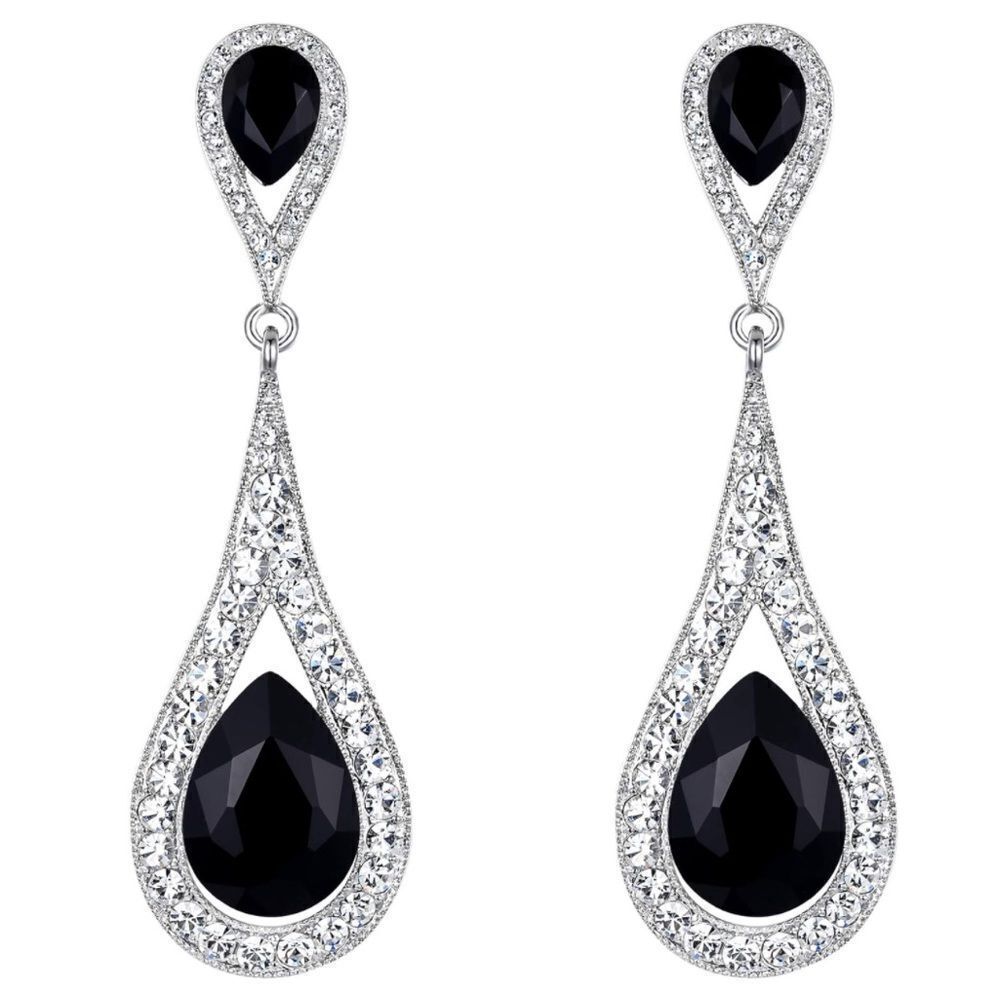 Silver with Black Onyx and White Diamond Austrian Crystal Dual Teardrop Earrings